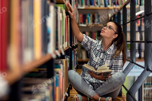 Preview: Young female student study in the library reading book while sitting near bookshelf.
