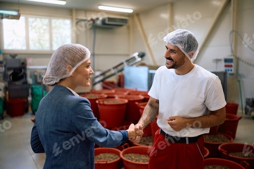 Preview: Happy food processing plant worker greeting a female manager in a factory.