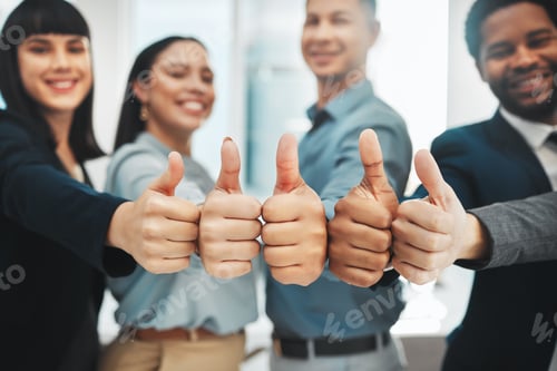 Preview: Thumbs up, success and group of business people winning, support or thank you hands or emoji. Yes,