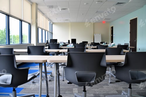 Preview: Bright, clean, modern training room at work in an office building for new employee orientation