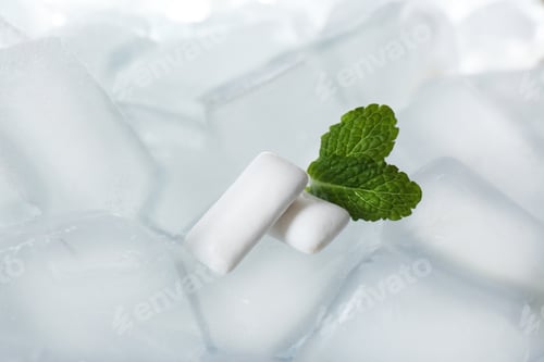Preview: Chewing gums and mint on ice cubes, closeup