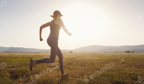 Preview: Jogging woman running in summer field at sunset