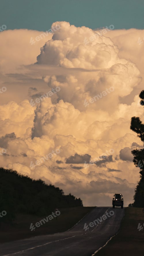 Preview: Vertical shot of a vehicle driving on the road against dense white clouds