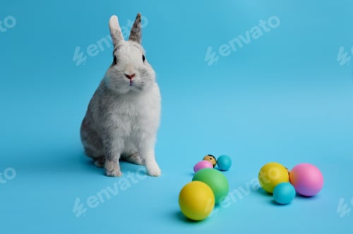 Preview: Colorful easter eggs and rabbit on blue background