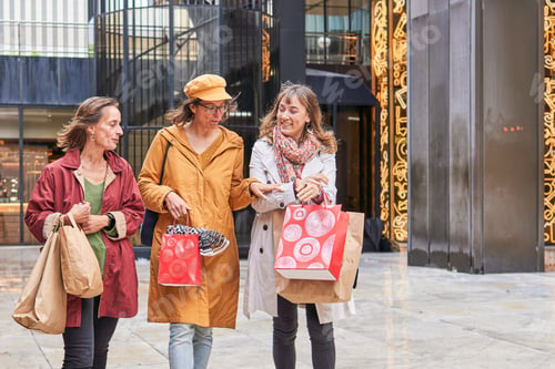 Preview: Happy diverse middle age friends shopping near the mall in Christmas
