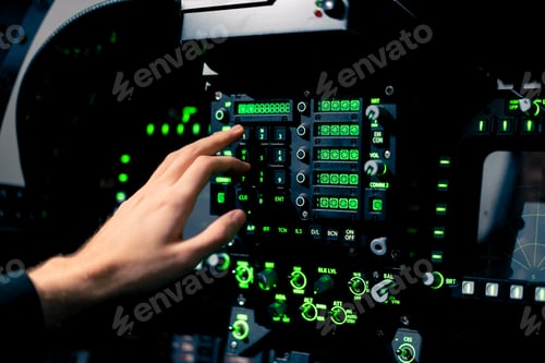 Preview: close-up hand of the pilot captain presses the buttons on the control panel to start engine of plane