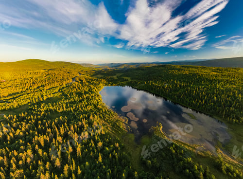 Preview: Bamselitjernet lake near Beitostolen surrounded by forests during sunset, Norway