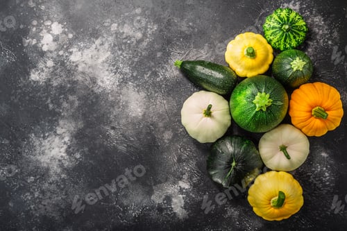 Preview: Summer squashes on textured concrete backdrop with copyspace, top view