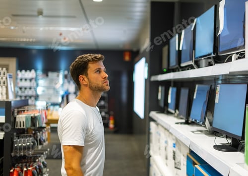 Preview: Focused male customer choosing monitor in shop