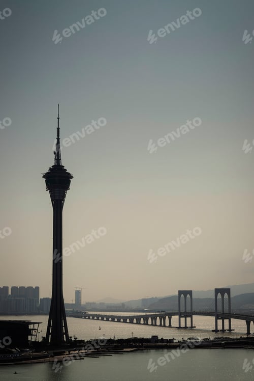 Preview: macau tower and taipa bridge skyline view on foggy day