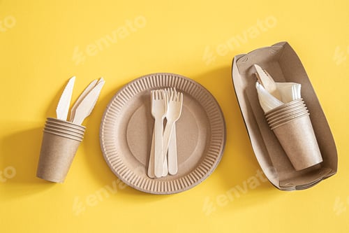 Preview: eco friendly disposable dishes made paper on an orange background.