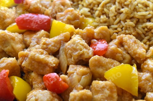 Preview: Sweet and sour chicken with egg fried rice.