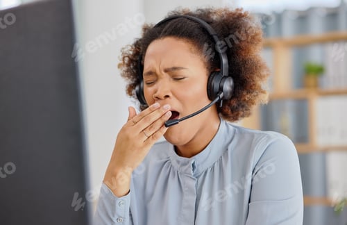 Preview: Customer support, call center and woman yawn, tired in office with exhausted, stress and fatigue. T