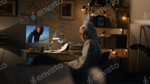 Preview: Friends talking online conference in home evening. Travel girl waving in screen