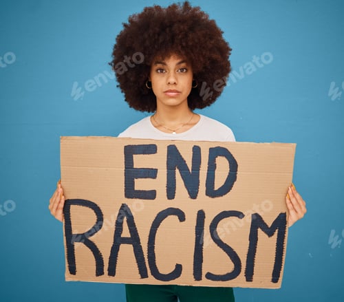 Preview: Portrait of a black woman with a stop racism banner and peacefully protesting for human rights in s