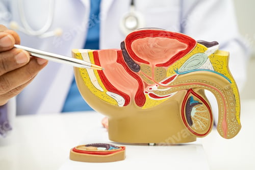 Preview: Male reproductive system, Asian doctor holding human anatomy