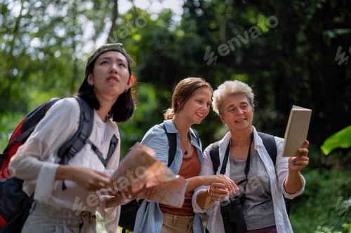 Preview: Backpack tourist travel outdoor adventure bird study using binoculars looking and record to book