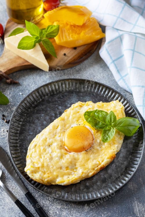 Preview: Baked cottage cheese pumpkin bread with cheese and egg filling on stone background.