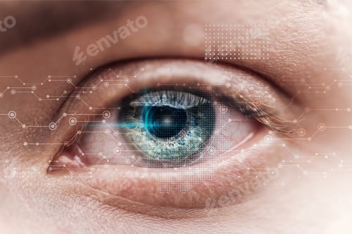 Preview: close up view of human green eye with data illustration, robotic concept