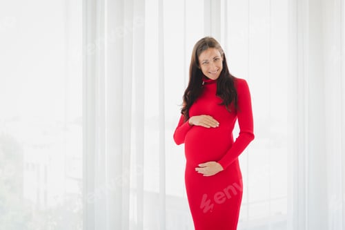 Preview: Portrait of pregnant woman holding her belly with smile and happiness.