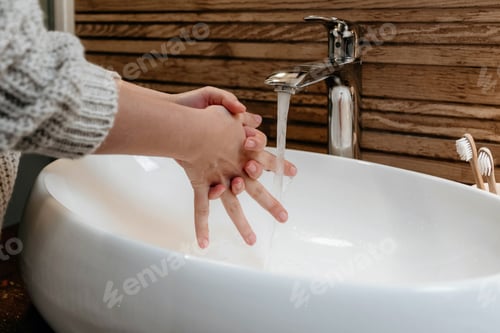 Preview: Woman washing hands over white bathroom sink, water running from faucet.