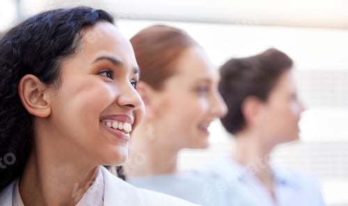 Preview: Group, smile and medical with women, healthcare and professional with medicine and about us. People
