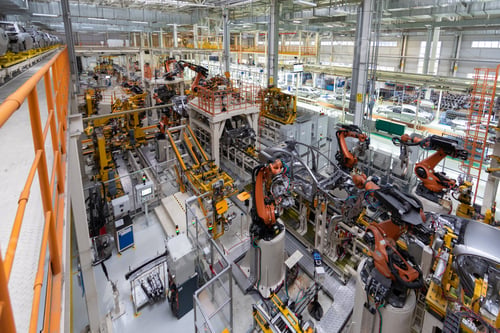 Preview: body of car on conveyor top view. Modern Assembly of cars at the plant. The automated build process
