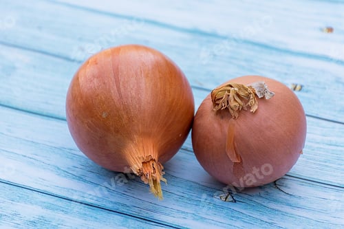 Preview: Brown onions on a blue wooden table