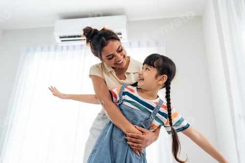 Preview: Caucasian happy family, parent spend free time with kid together at home.