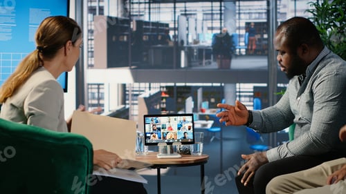 Preview: Corporate video call featuring teamwork among diverse business associates