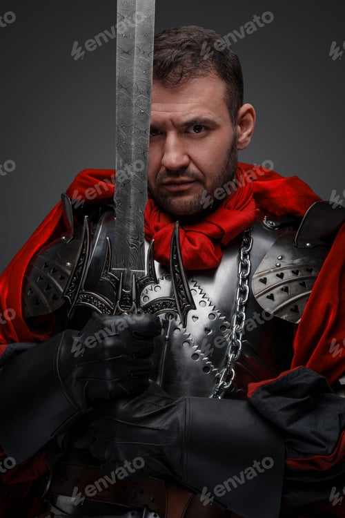 Preview: Medieval dark knight with red cape and sword