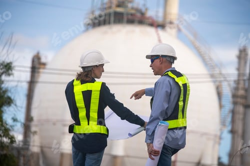 Preview: Engineers wearing safety gear, including hard hats examining survey a standing industrial facility g