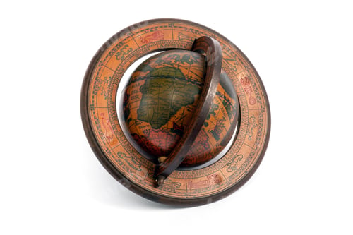 Preview: Vintage wooden globe showing Africa and South America on white background