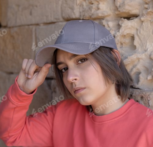 Preview: Teenager girl in grey baseball cap and long sleeve shirt outdoor, mockup
