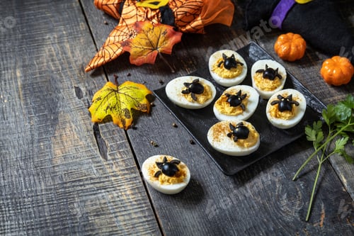 Preview: Halloween funny idea for party food. Halloween creative set stuffed eggs with paprica and bat.