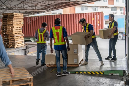 Preview: 4 men Warehouse worker open doors steel 40 feet container