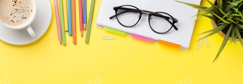 Preview: Office yellow backdrop with coffee and supplies