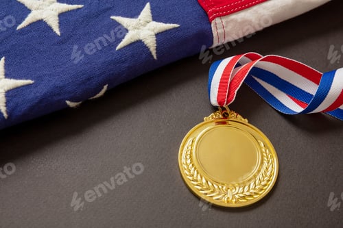 Preview: Medal gold for USA. Winner prize award with ribbon and US flag on black background.