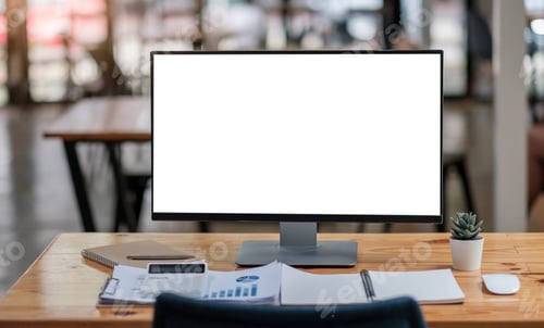 Preview: Laptop with blank screen on table. Workspace background new project on laptop computer with blank