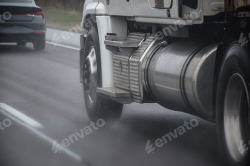 Preview: Wheels of tractor trailer driving on a highway during rain