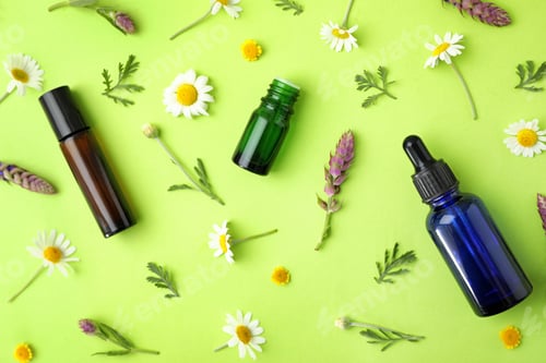 Preview: Bottles of different essential oils and wildflowers on color background, flat lay