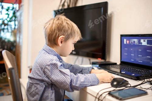 Preview: Distant education, online class meeting. Preschool boy studying during online lesson at home
