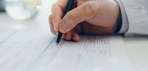 Preview: Doctor, hands or writing with document for signature, application or information on desk at hospita