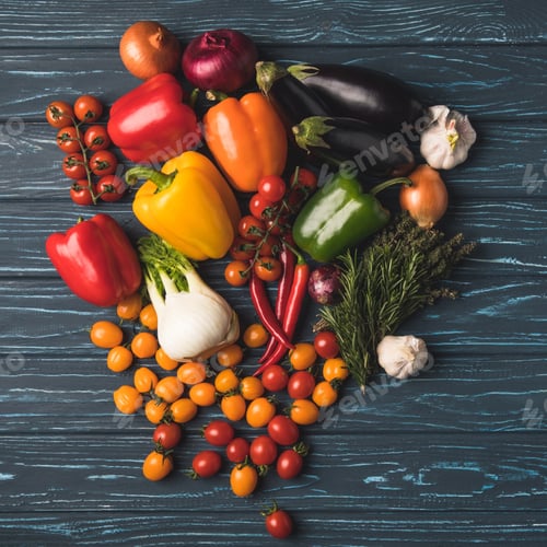 Preview: top view of ripe organic vegetables on wooden table