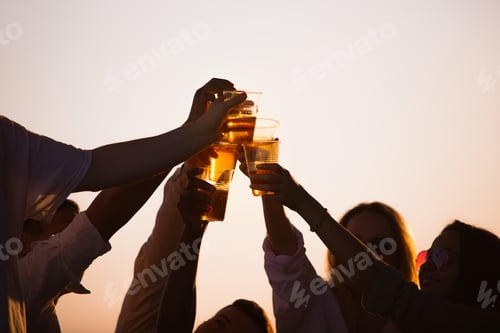 Preview: Group of friends clinking beer glasses during picnic at the beach. Lifestyle, friendship, having fun