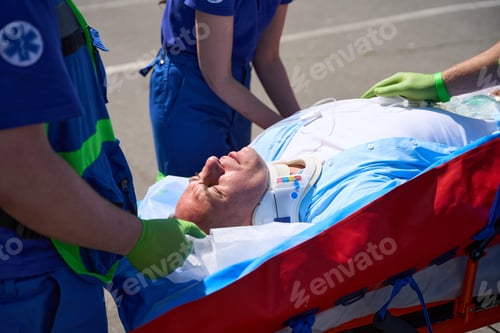 Preview: Ambulance team laid the patient for transportation on vacuum mattress