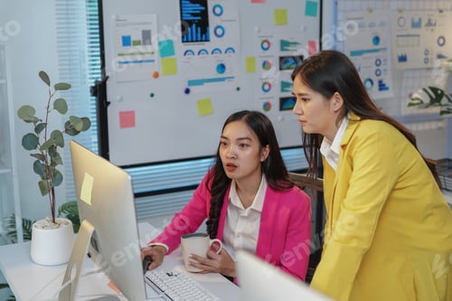 Preview: Two asian businesswomen collaborating on a computer in a modern office, analyzing data and discussin
