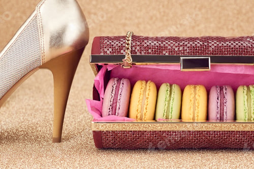 Preview: Macarons in fashion handbag, heels on gold.Vintage
