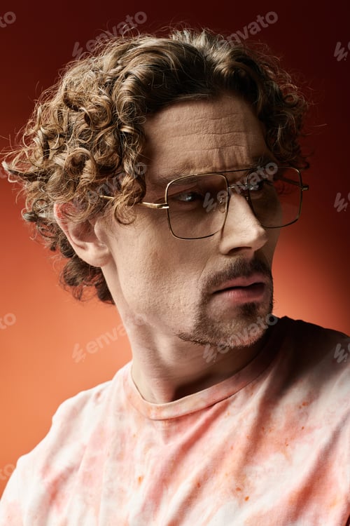 Preview: Handsome Man With Curly Hair Expresses Emotion Against a Vibrant Orange Backdrop