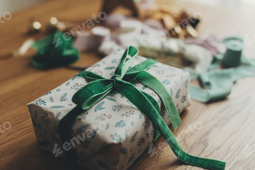 Preview: Wrapped Present With Green Velvet Ribbon on Wood